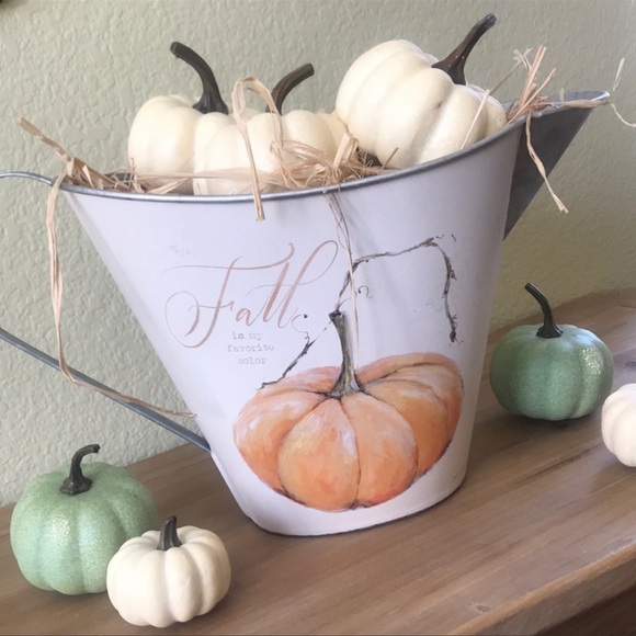 Fall Farmhouse Harvest large metal decorative pitcher with Cinderella pumpkin - Picture 2 of 16
